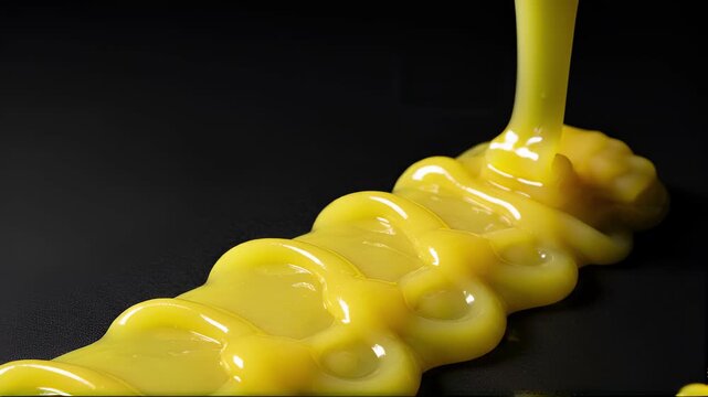 continuous slow-motion piping of thick, glossy, bright yellow lemon curd onto a matte black slate surface