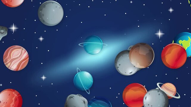Cartoon Style Space Animation with Floating Planets and Asteroids