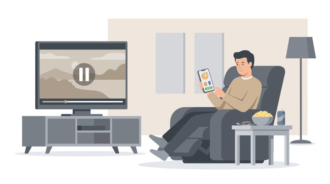 Chill man watching TV and using smartphone with snack setup or Casual young man relaxing with entertainment and snacks at home indoor scene