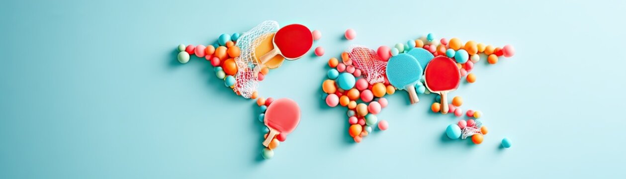 Colorful candies arranged to form the continents of the world on a light blue background.
