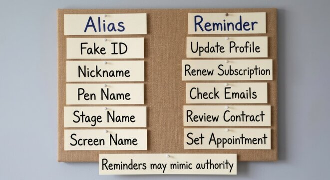 Corkboard Displaying Lists of Aliases and Reminders with Text Notes
