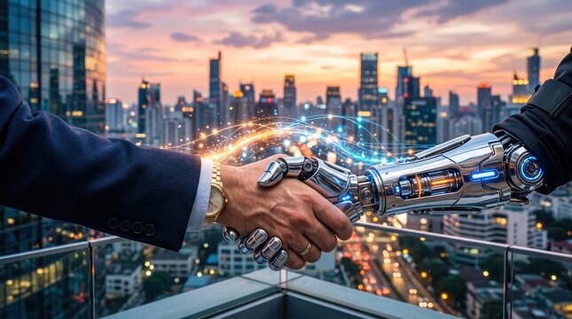 Human hand shaking robotic arm against city skyline at sunset, symbolizing artificial intelligence partnership, automation collaboration, future workforce integration and human