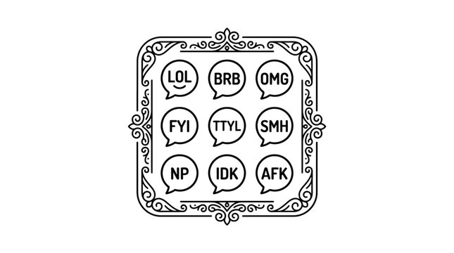 Internet Slang Bubbles: LOL, BRB, OMG, TTYL, IDK, AFK, NP, FYI, SMH