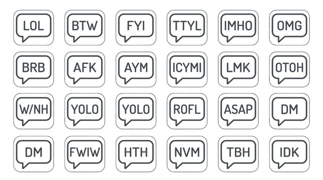 Internet Slang Chat Bubbles: Acronyms and Abbreviations Social Media Icons
