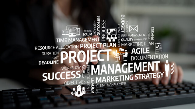 A close-up view of a keyboard with project management keywords showcasing strategic planning, agile methodology, and time management concepts for business success. Tessel
