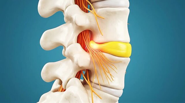 3D Animation of herniated disc in human spine compressing a glowing red nerve