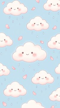 Cute kawaii clouds pattern with blue background