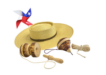 Celebrating chilean national holidays with traditional toys and a straw hat on transparent...