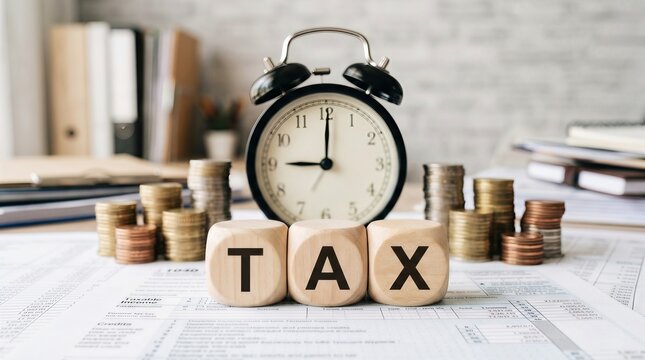 Tax Time Concept with Alarm Clock and Coins on Financial Documents