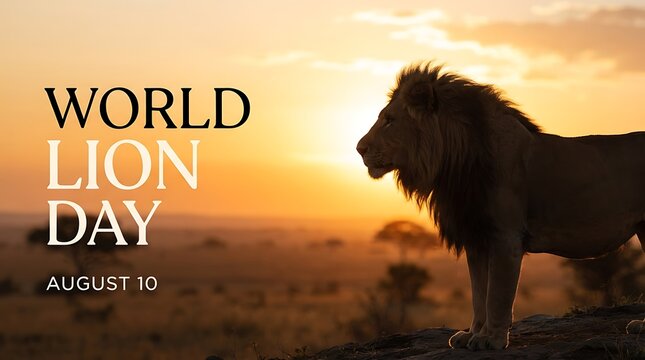 World Lion Day August 10 banner, majestic male lion profile at sunset, African savanna wildlife conservation concept, golden hour safari landscape