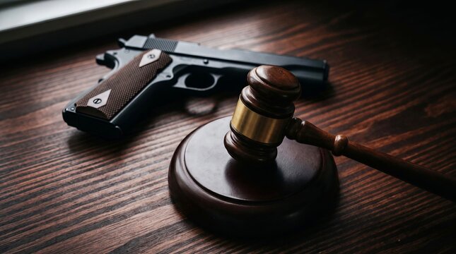 Gavel and Handgun on Wooden Table Representing Gun Law Concept