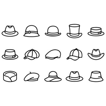 Set of Hats and Headwear Line Icons
