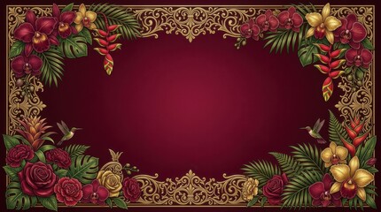 Naklejka premium Ornate tropical floral frame with orchids and hummingbirds on burgundy