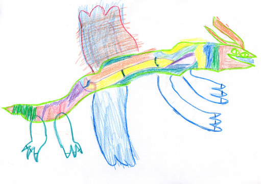 Colorful flying dragon monster character with wings, hand-drawn child art style vector illustration