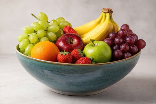 A vibrant bowl of fresh fruit, including grapes, apples, strawberries, and bananas, ready to eat
