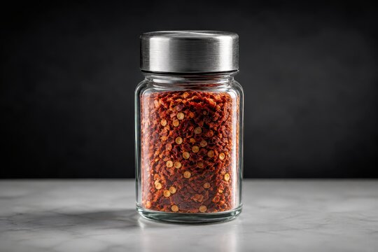 Jar of red pepper flakes on a marble surface
