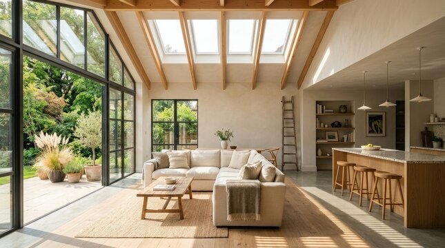 Open plan living room with vaulted ceiling skylights and large steel framed interior architecture skylight furniture spacious residential contemporary lifestyle residence