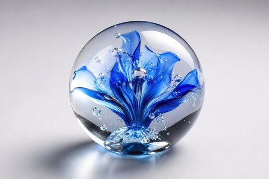 Glass paperweight with blue flower and air bubbles inside, isolated on white background