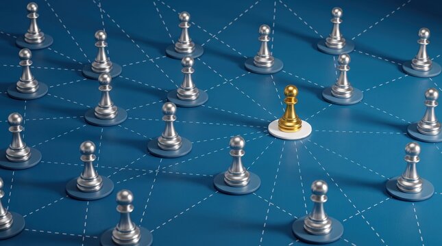 Golden chess pawn standing out among silver pieces on blue background, symbolizing leadership, strategy, management, and individual success in a competitive network