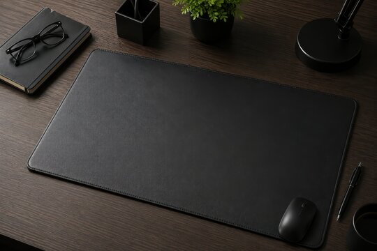 Minimalist office desk setup with black mousepad, eyeglasses, notebook, plant, and desk lamp