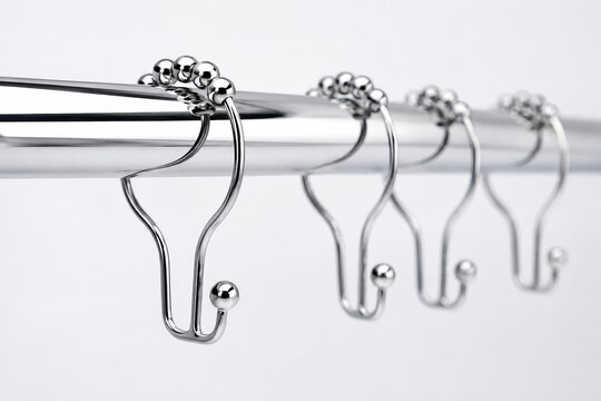 Close-up of shower curtain hooks hanging on a metal rod
