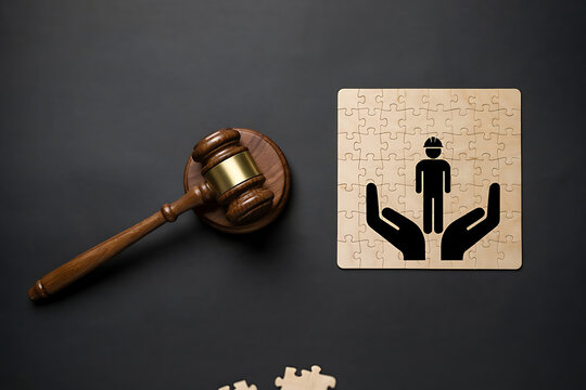 Judge gavel and wooden puzzle for workplace safety legal compliance