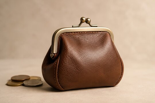 Brown leather coin purse with vintage clasp and a few coins next to it