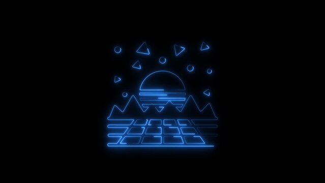 Blue neon synthwave landscape with sun, mountains, and grid