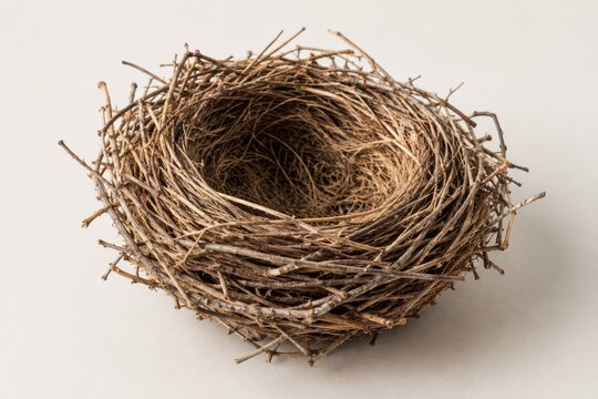Empty bird nest made of twigs and straw on a neutral background