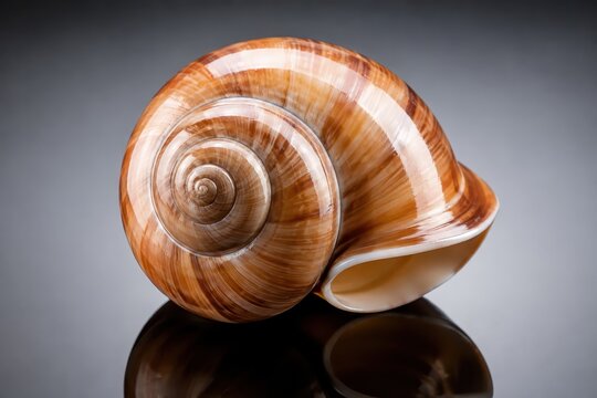 Detailed close-up of a beautiful empty snail shell, showing its spiral pattern