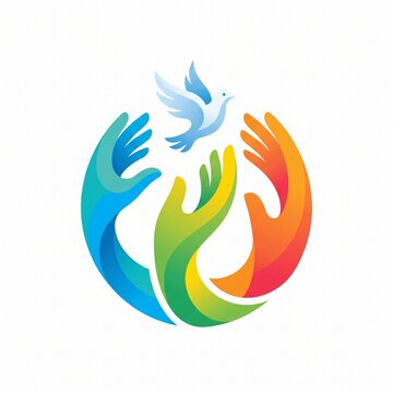 Colorful Helping Hands and Flying Dove Logo Symbolizing Peace, Hope, Charity, Humanitarian Support, Community Care, Cooperation and Social Solidarity