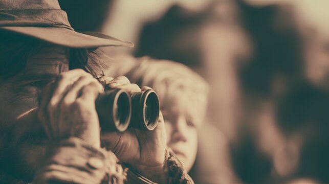 Adventurous explorer in hat using binoculars to scan the horizon, with a child in background