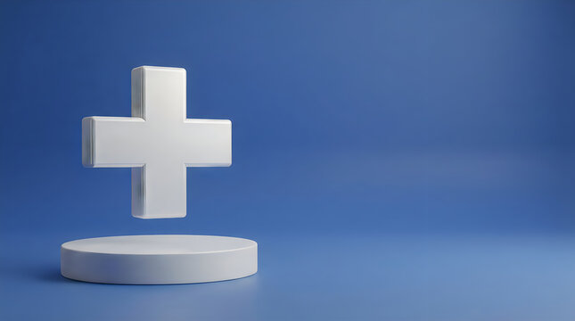 3d render of a white plus sign symbol floating above a circular podium against a solid blue background