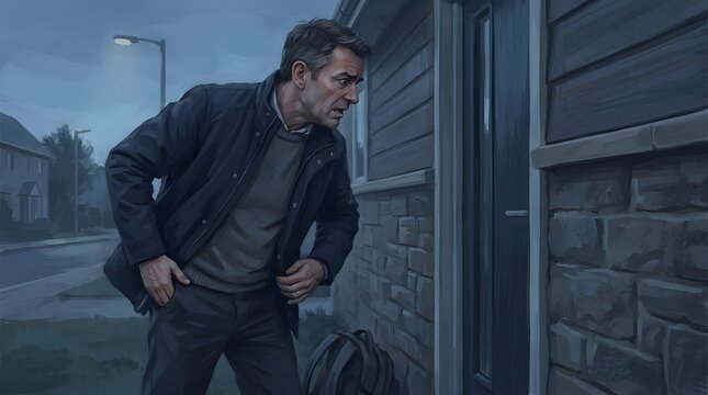 Worried middle-aged man searching his pockets for house keys at his front door during the evening at twilight.