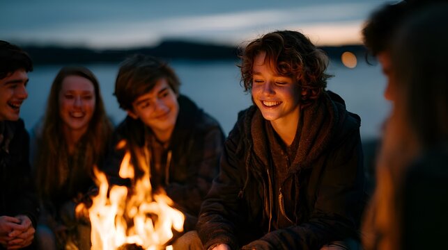 Group of friends laughing around a campfire at dusk with a lake in the background
