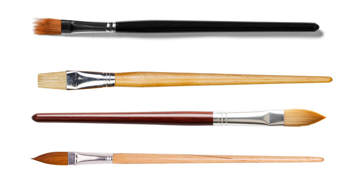 Artistic paintbrushes set for creative projects, featuring various sizes and bristle types on transparent background.