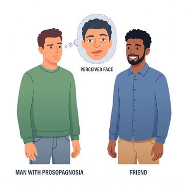 man with prosopagnosia perceiving his friend's face as distorted, vector isolated on white