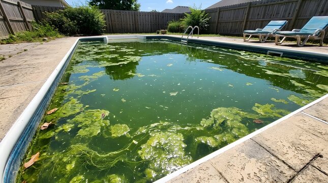 Neglected backyard swimming pool filled with green algae and leaves on sunny afternoon with wooden fence view.
