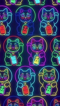 日本では商売繁盛の縁起物として定番の招き猫のカラフルなサイバーネオン　シンプルな列の左右　ループ