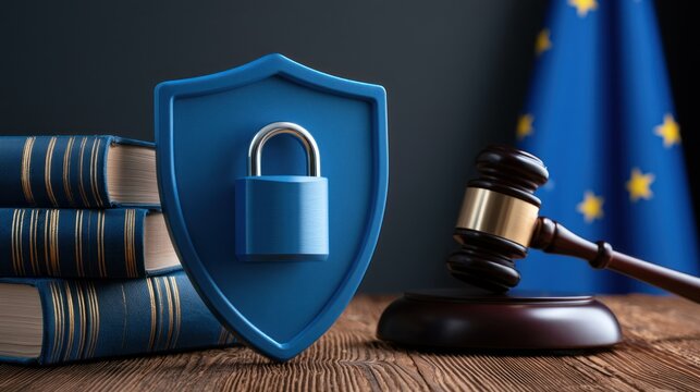 Law and security concept gavel shield padlock books and eu flag on wooden table