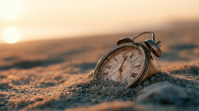 Vintage alarm clock half buried in sand on a beach at sunset