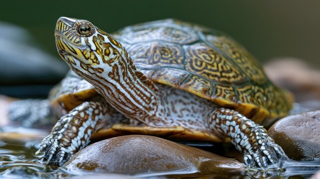 Detailed close up of a terrapin turtle emerging from water on smooth stones