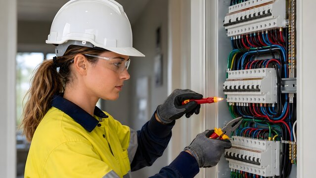 Australian Female Electrician Testing a Residential Switchboard in a Modern Home