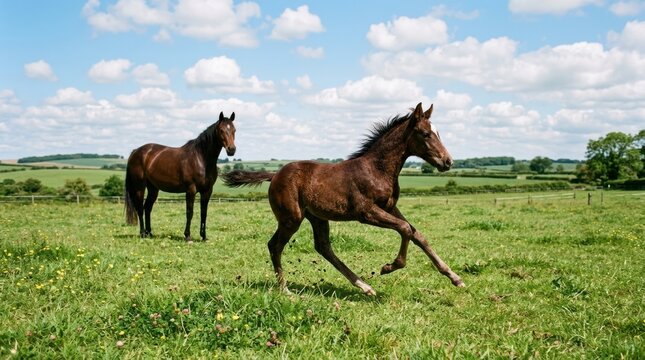 A foal galloping across a field, its legs flying, tail streaming. The mother horse watches from behind. The grass is green, the sky is blue with clouds. The joy of new life is palpable.
