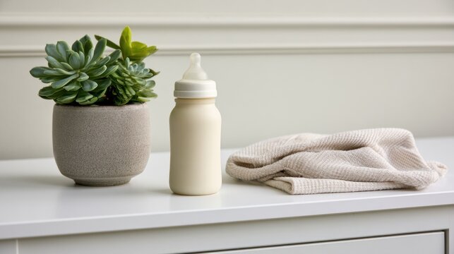 Baby bottle and potted succulent on white surface with transparent background
