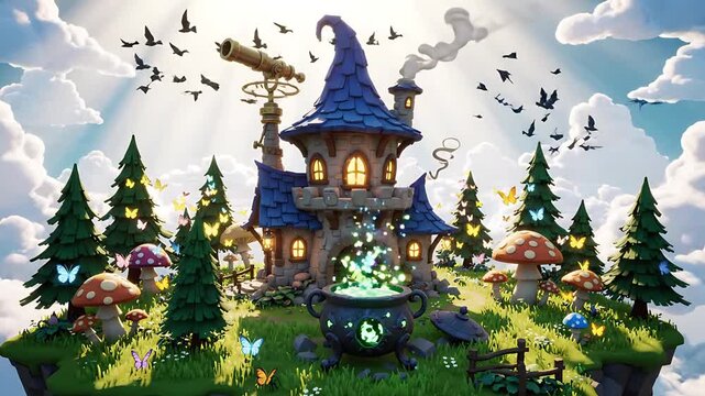 Whimsical wizards house magic potion on floating island