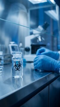 sealed transparent laboratory sample container marked only with a universal biohazard symbol inside a clean biosafety laboratory