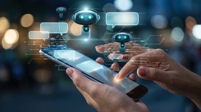 Futuristic AI chatbot concept with holographic interface, robot assistant helping customer support via smartphone app, artificial intelligence communication technology background