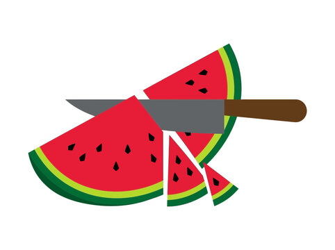 Watermelon slices being cut with a kitchen knife for summer snack