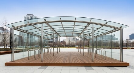 Naklejka premium Modern glass and steel outdoor shelter structure in a city square.